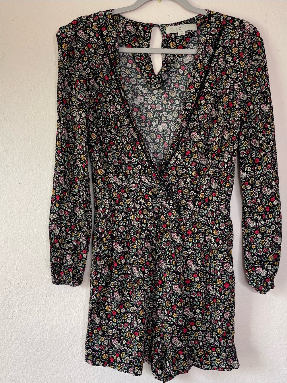 Loft Floral Long-Sleeve Wrap Romper - Black/Multi small - Picture 2 of 5